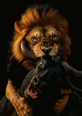 Lion attacking a buffalo illustration