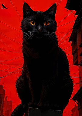 Black Cat on Red Urban Background