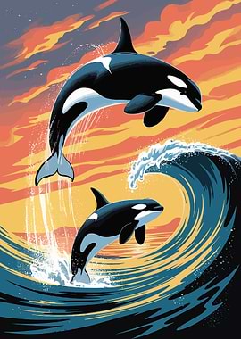 Orcas Jumping at Sunset