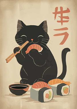 Black Cat Eating Sushi Illustration