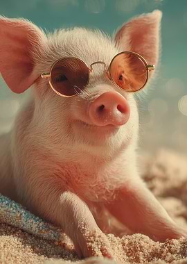 Piglet with Sunglasses on Beach