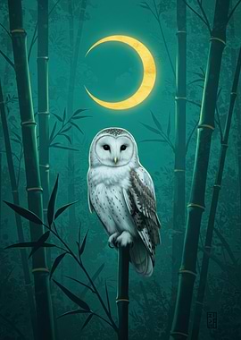 Owl Perched Under Crescent Moon
