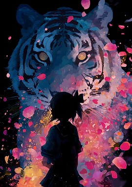 Girl and Tiger with Floral Petals