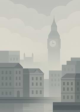 London cityscape in fog, minimalist style