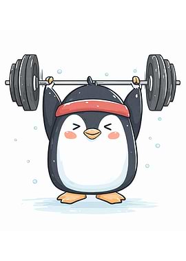 Cartoon Penguin Lifting Weights
