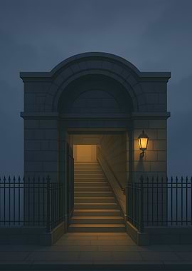 Stone Archway with Illuminated Staircase