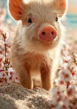 Cute Piglet with Cherry Blossoms