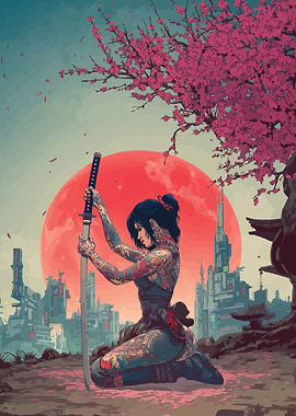 Tattooed Woman with Katana in Cyberpunk City