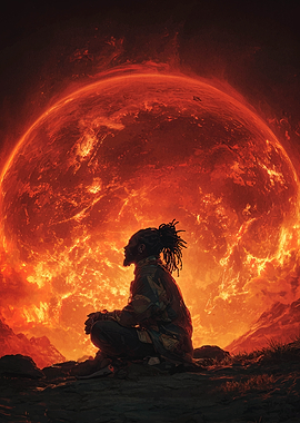 Man Meditating Before Fiery Planet