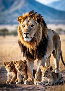 Majestic Lion With Cubs in the Wild