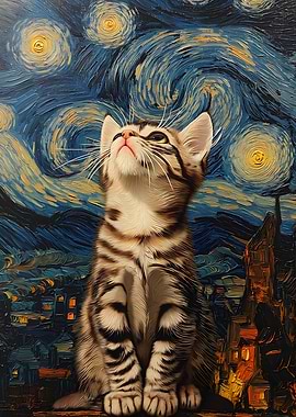 Cat gazing at Starry Night