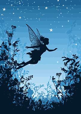 Silhouette Fairy Flying in Starry Night