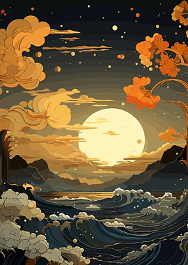 Stylized Ocean Landscape with Moon