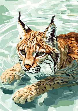 Lynx Swimming in Water Digital Art