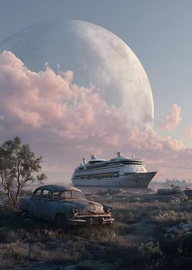 Surreal Cruise Ship and Vintage Car