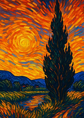 Cypress Tree and Starry Sky Painting