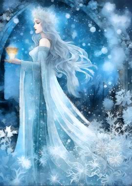 Snow Queen Fantasy Art - Winter Magic Sorceress with Ice Crown & Chalice
