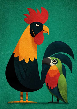 Stylized Rooster and Parrot Illustration