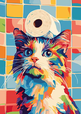 Colorful Cat with Toilet Paper Hat
