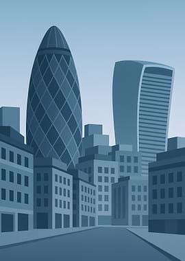 London Cityscape Illustration in Blue Tones