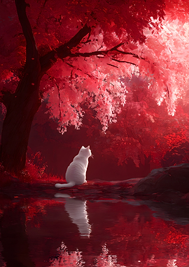 White Cat in Red Forest
