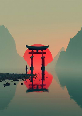Japanese Torii Gate at Sunset
