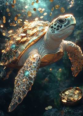 Golden Turtle with Coins Underwater
