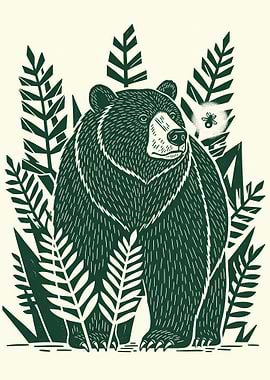 Whimsical Forest Bear Linocut Print | Minimalist Nature Art & Design