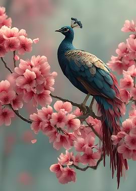 Peacock Perched Among Cherry Blossoms