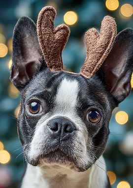 Dog with Reindeer Antlers Christmas Portrait