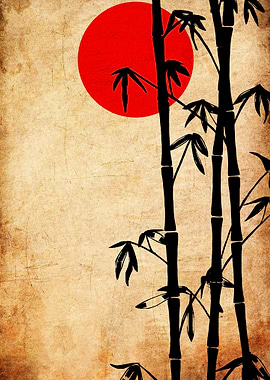 Bamboo and Red Sun Japanese Art