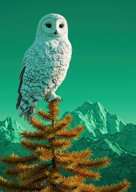 Snowy Owl on Evergreen Tree