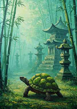 Turtle in Bamboo Forest with Pagodas