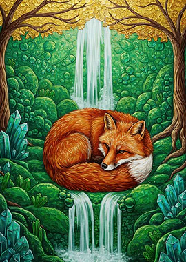 Fox Resting by Waterfall Painting