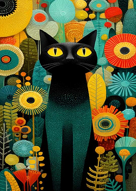 Stylized Black Cat in Floral Garden