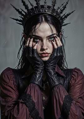 Enigmatic Goth Queen: Dark Fantasy Portrait with Spiked Crown and Piercing Gaze