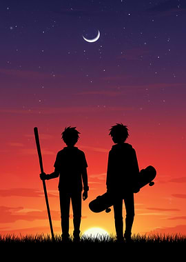 Silhouette of Two Figures at Sunset