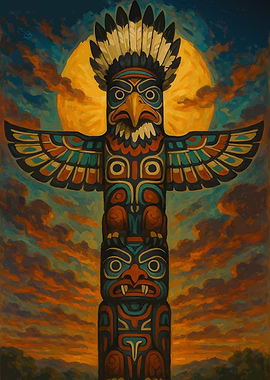 Colorful Totem Pole Under a Full Moon