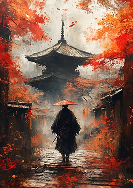 Samurai in Autumn Landscape