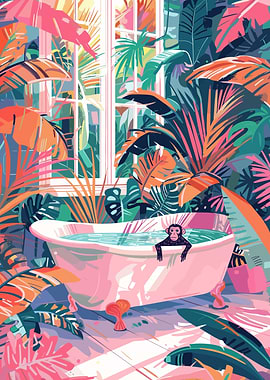 Monkey in Bathtub Jungle Illustration