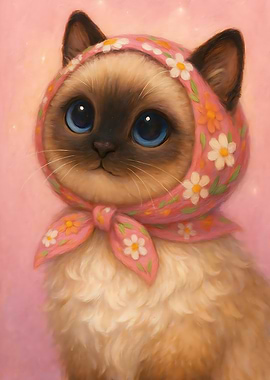 Cute Cat with Babushka Scarf Portrait