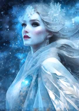 Snow Queen Fantasy Portrait – Ethereal Ice Goddess Artwork in Blue Tones