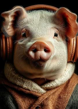 Pig with Headphones and Sweater