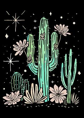 Cactus and Flowers on Black Background