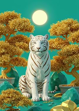 White Tiger with Golden Bonsai Trees