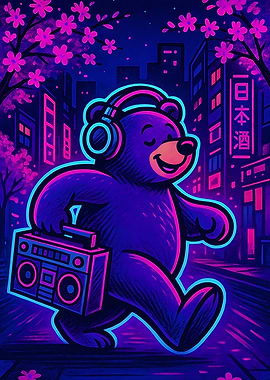 Neon Bear with Boombox in Cityscape