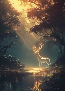 Glowing Deer in Forest Stream