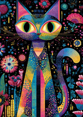 Colorful Cat in Floral Fantasy