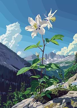 White Columbine Flower in Mountain Landscape