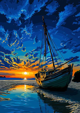 Boat on Beach at Sunset
